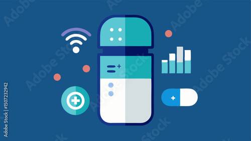 Medication Management A smart pill bottle with AI features showing reminders and alerts for medication timing accompanied by a digital assistant symbol.