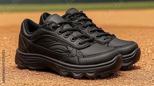 Black athletic shoes sitting on baseball field photo