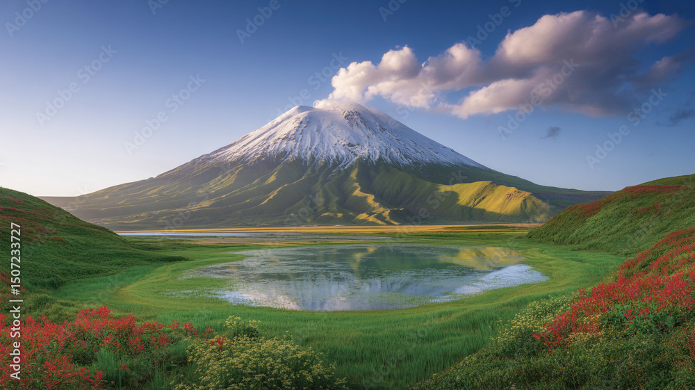 Naklejka premium Majestic snow capped volcano landscape with lake and vibrant green and red flora under blue skies