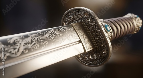 Detailed view of an ornate sword with intricate designs and blue jewels, showcasing craftsmanship and artistry photo