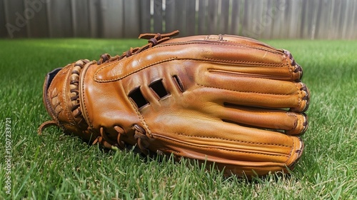 Baseball Glove Resting on Green Grass Lawn