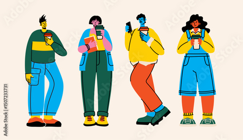 Vector illustration of young people having coffee break, drinking coffee, talking and chatting