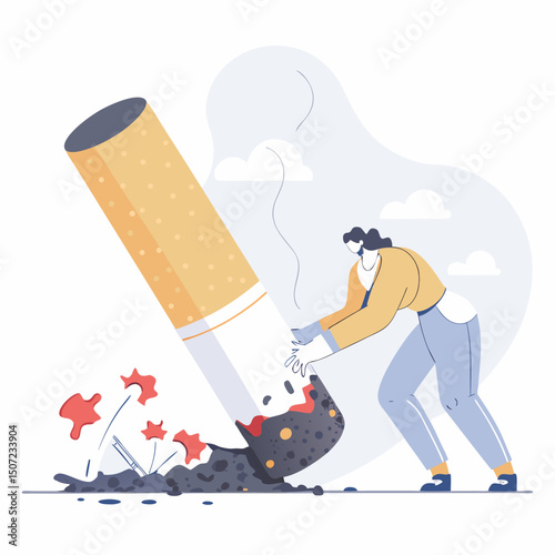 A stylized vector illustration of a smoldering cigarette butt, partially buried in a pile of dark gray ash with scattered red embers