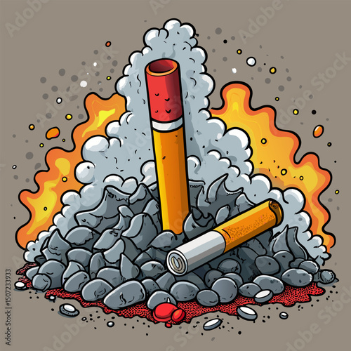 A stylized vector illustration of a smoldering cigarette butt, partially buried in a pile of dark gray ash with scattered red embers