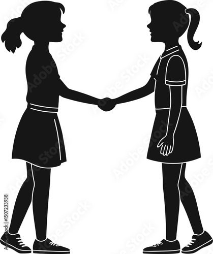 Silhouette of two girls shaking hands wearing skirts and sneakers on a white background image view