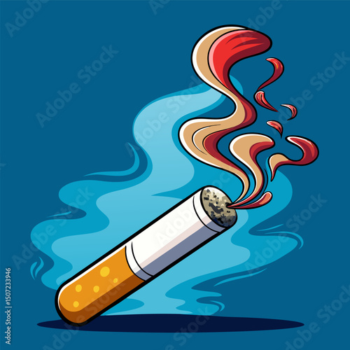 A stylized vector illustration of a smoldering cigarette butt, partially buried in a pile of dark gray ash with scattered red embers