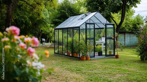 Greenhouse surrounded by vibrant flowers in a sunny garden setting during mid-afternoon