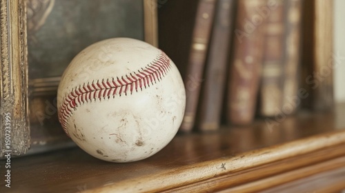 Well-Loved Baseball Resting on Wooden Shelf