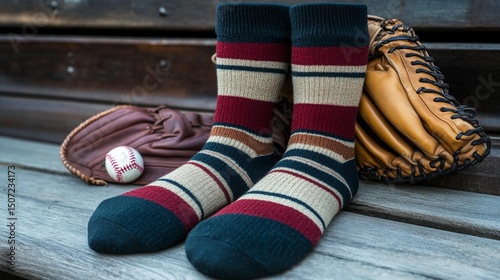 Striped Wool Socks with Baseball Glove on Wooden Bench