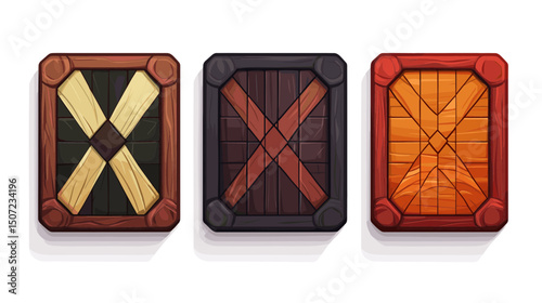 Collection of Rectangular Pixel Art Shields with Wooden Texture and Dark Cross Decoration on White Background