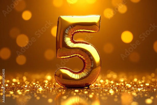 Golden number 5 balloon with confetti on festive bokeh background