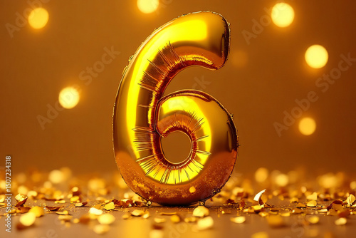 Golden number 6 balloon with confetti on festive bokeh background