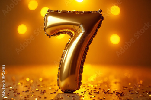 Golden number 7 balloon with confetti on festive bokeh background