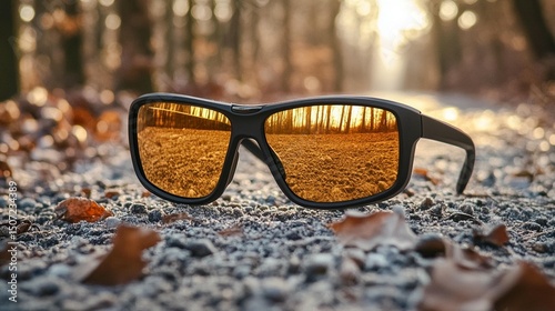 Sunglasses Reflecting Autumn Forest Scene