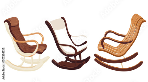 Collection of Three Rocking Chairs in Various Wood Tones on a White Background Representing Comfort and Relaxation