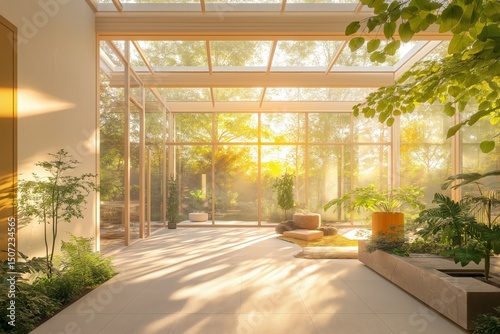 Orangery installation with lush green plants in bright, sunlit space. Concept of orangery installation focusing on peace, tranquility, natural light and simplicity. Renovation included.