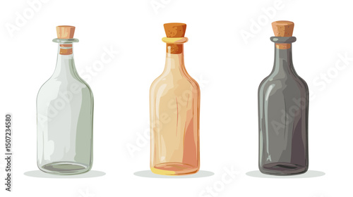 Collection of Three Vintage Glass Bottles with Cork Stoppers in Neutral Tones on White Background with Soft Lighting