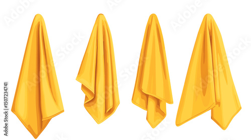 Collection of Yellow Hand Towels Hanging on Display Against White Background Cleanliness and Freshness