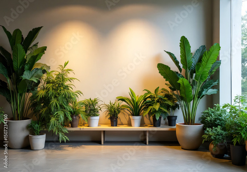 Stylish Indoor Plant Arrangement with Modern Pots and Soft Lighting