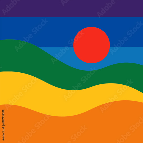 Rainbow sun setting over colorful hills in abstract pride design symbolizing unity hope diversity and equality