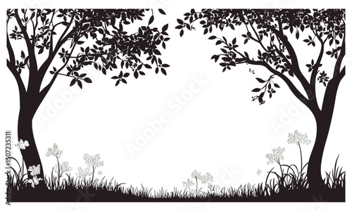 Ash Tree, Botanical Element, Tree Vector Illustration, Forest Silhouette, Nature Clipart, Spring Wetland Style, Wild Tree, green foliage, deciduous forest, png.