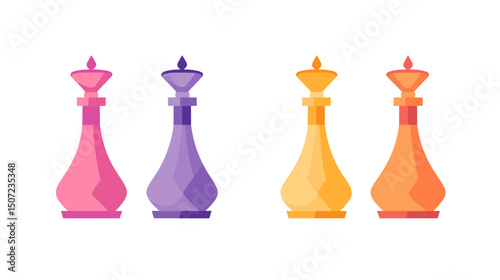 Colorful Pixelated Chess Pieces Set in Pink Purple and Yellow on White Background