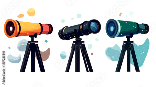 Colorful Telescopes Set Against White Background Illustration for Space Exploration and Astronomical Research with Orange Black and Teal Colored Equipment