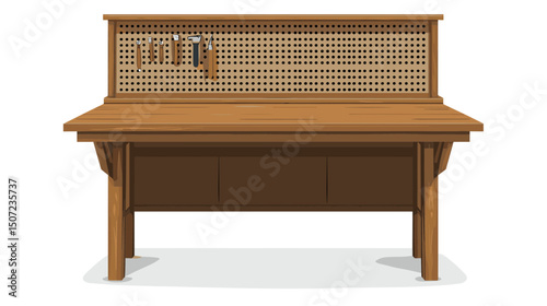 Detailed Wooden Workbench with Tools on Pegboard Against White Background for Carpentry Crafts and Workshop Projects