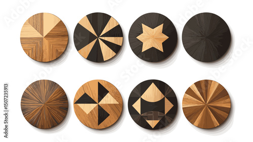 Eight Round Wooden Tiles Featuring Various Geometric Patterns and Wood Grain Textures for Decorative and Design Applications