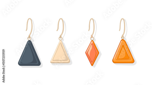 Elegant Geometric Earrings Set with Triangle and Diamond Shapes in Gold and Pastel Tones on White Background