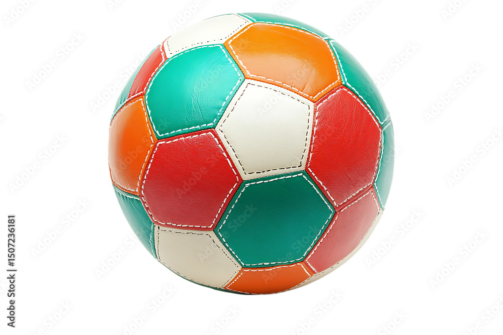 Fototapeta premium Colorful soccer ball with orange, green, red, and white panels isolated on black