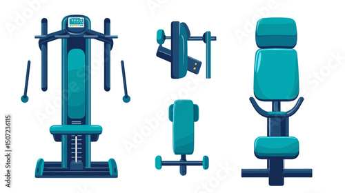 Fitness Gym Equipment Illustration Set in Blue Color Scheme of Exercise Machines for Sport Training and Isometric Design Isolated on White Background