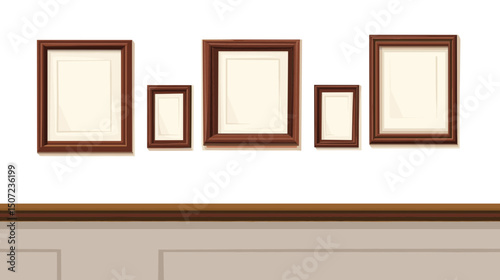 Five Wooden Frames in Varying Sizes Hanging on a White Wall with Brown Wood Trim in Home Interior Decoration
