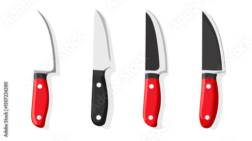 Four Assorted Kitchen Knives with Red and Black Handles in a Row on White Background