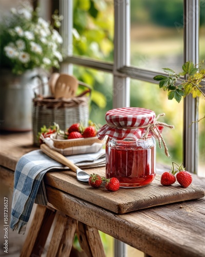 Strawberry Jam in Glass Jar with Checkered Lid on Rustic Wooden Table