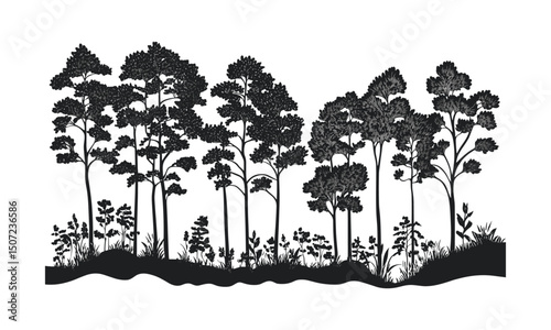Forest silhouette, ash tree, autumn scenic elements, wild tree engraving, nature clipart, black tree outline, fall season landscape, outdoor scenery, vector illustration.