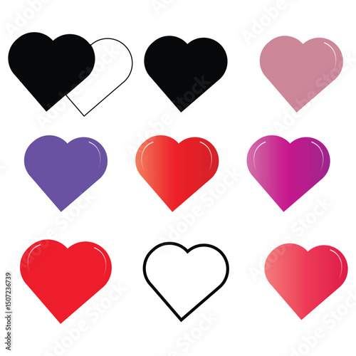 Set of Nine Heart Icons in Various Styles and Colours