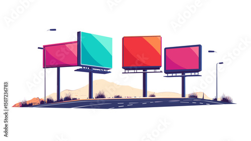 Four Colorful Billboards on the Side of a Road with Orange Land Under a White Sky