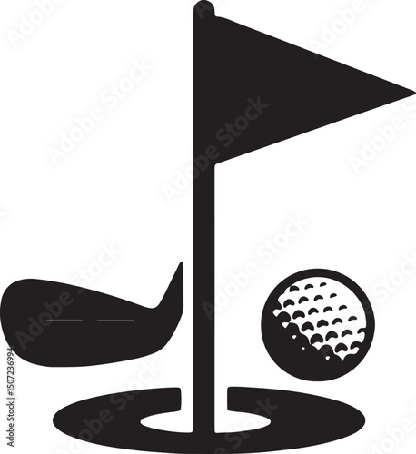 Golf Putting Green Icon Hole, Flag, Putter, Ball Illustration