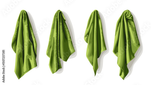 Four Green Towels Hanging Against a White Wall with Soft Shadows Providing a Clean and Simple Isolated Composition