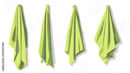 Four Green Pixelated Towels Hanging with Clean White Background and Soft Shadows