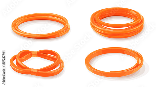Four Orange Resistance Bands for Exercise and Physical Therapy on White Background