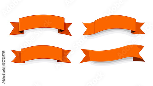 Four Orange Ribbon Banners with Curled Tails on a White Background Vector Graphic