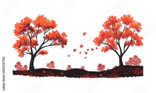Seasonal landscape clipart, autumn maple tree silhouettes, red leaf design, engraved forest vector, colored foliage valley scene, fall outdoor vector illustration, rustic nature background.