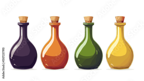Four Pixel Art Bottles in Purple Orange Green and Yellow Colors with Cork Stoppers on a White Background