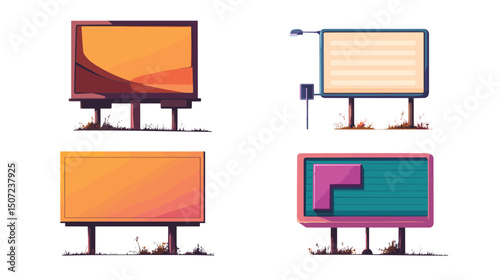 Four Pixel Art Billboards in Orange Teal Purple and White Colors Pixelated Retro Style Isolated on White Background