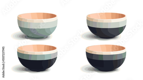 Four Pixel Art Bowls with Light Beige Interior and Light Gray to Indigo Exterior on a White Background
