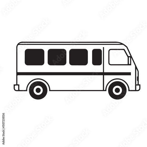 Simple black and white illustration of a small bus