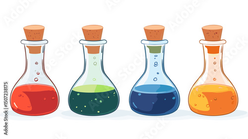 Four Pixel Art Potion Bottles in Red Green Blue and Orange Liquids with Cork Stoppers Fantasy Game Item on White Background