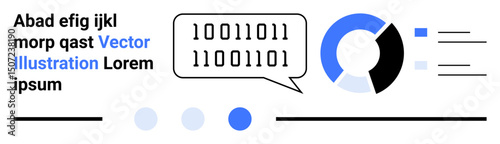 Binary code inside speech bubble, blue and black pie chart, three dots, and text. Ideal for tech, communication, data analysis, coding, education AI and simple landing page
